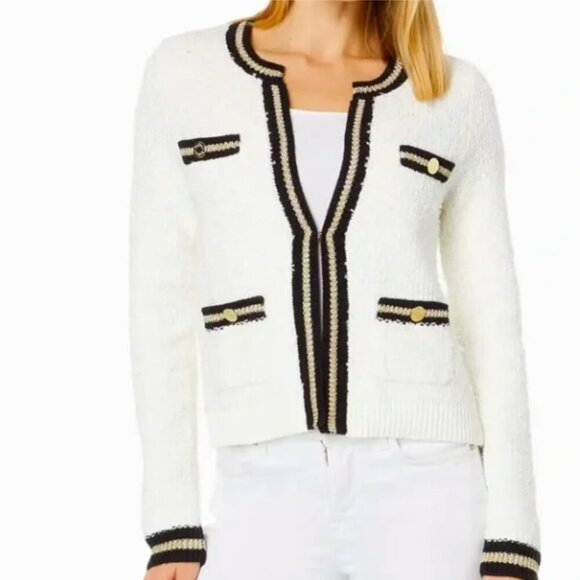 Lilly Pulitzer Nalayna Textured Cropped Cardigan Cream/Black Size Small NWT